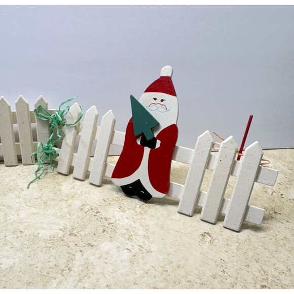 Vintage Santa and Christmas Tree White Picket Wooden Fence Holiday Decor - Picture 5 of 7